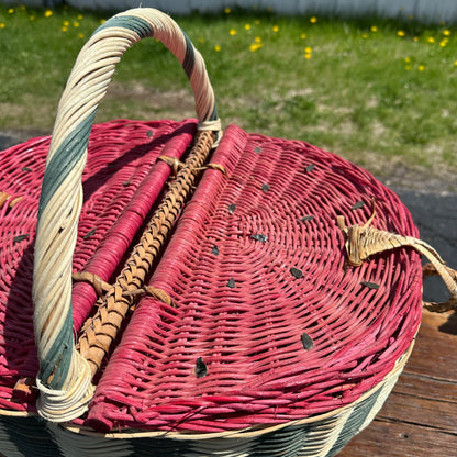 VIntage Folk Art Watermelon Wicker Picnic Basket Rounded