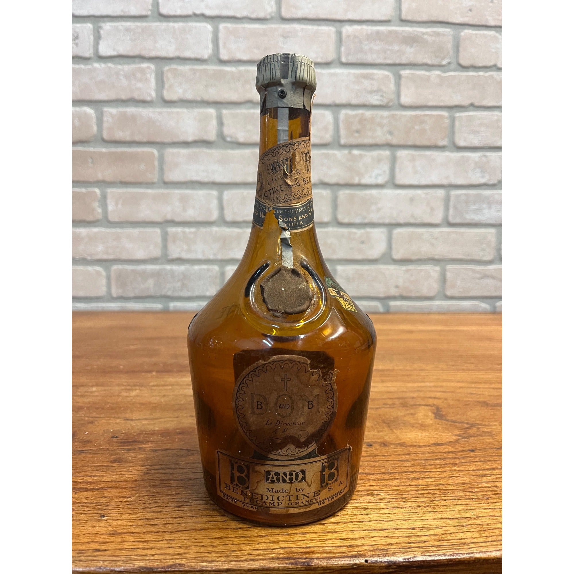 Vintage Benedictine B & B Amber Glass Liqueur Glass Bottle w/ Labels