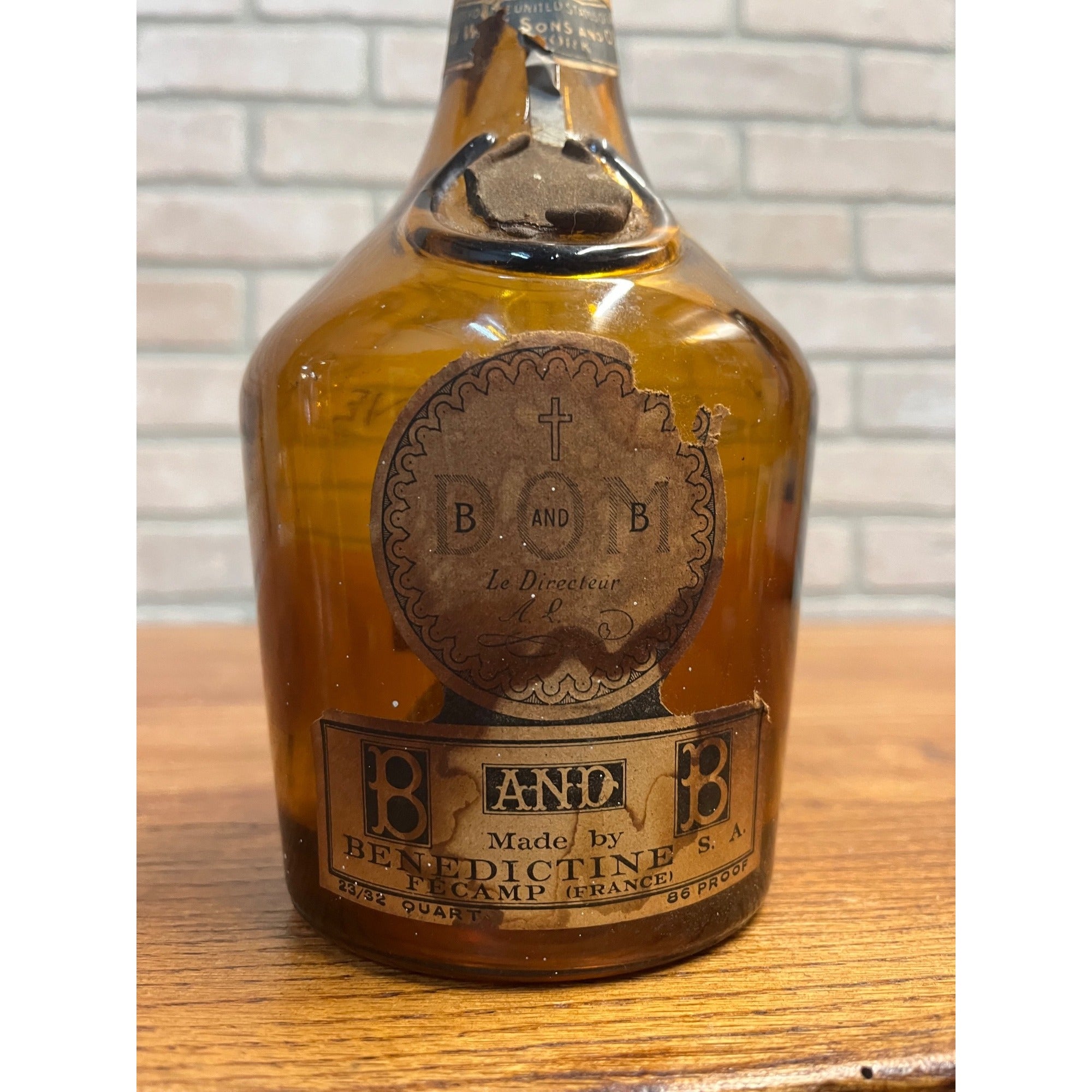 Vintage Benedictine B & B Amber Glass Liqueur Glass Bottle w/ Labels