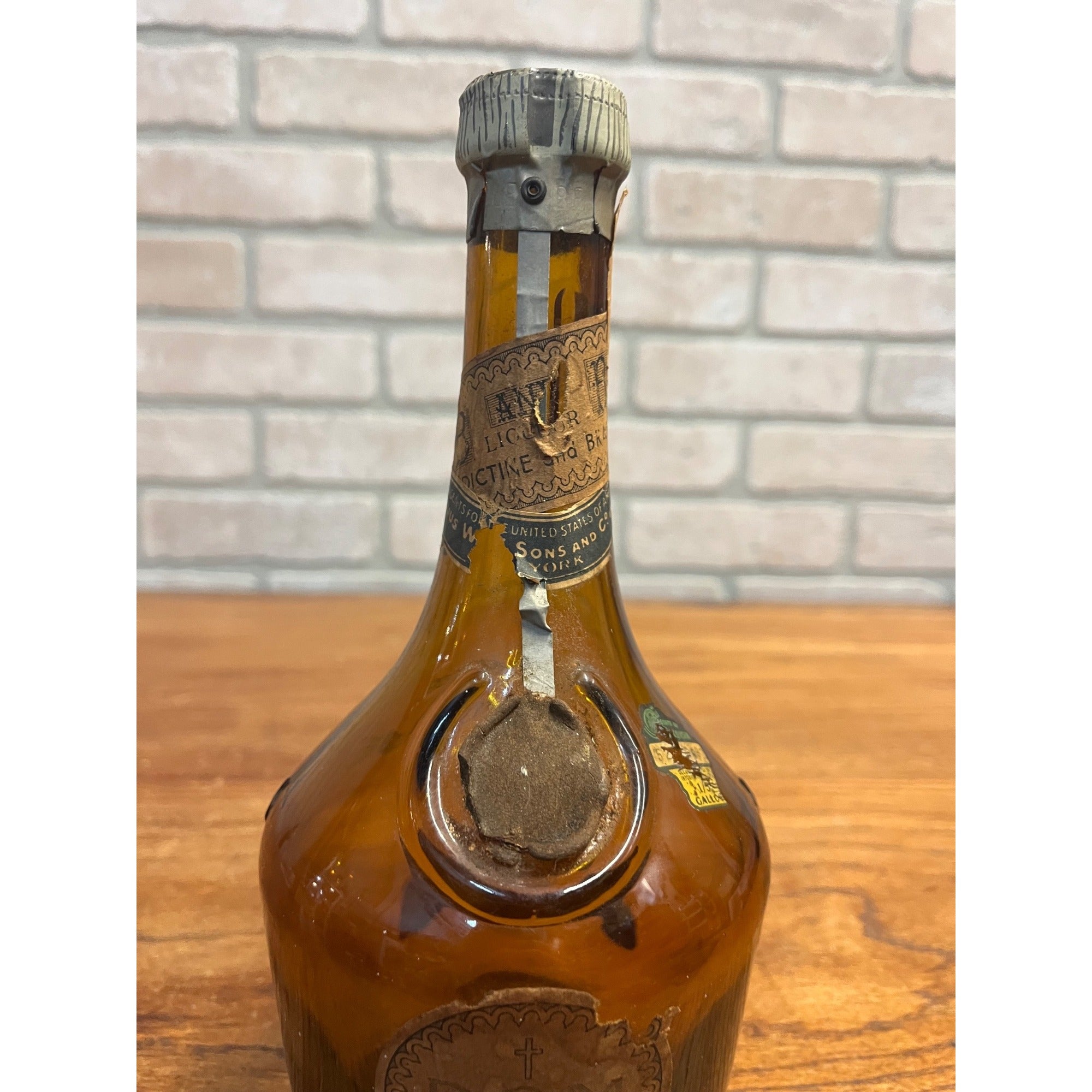 Vintage Benedictine B & B Amber Glass Liqueur Glass Bottle w/ Labels