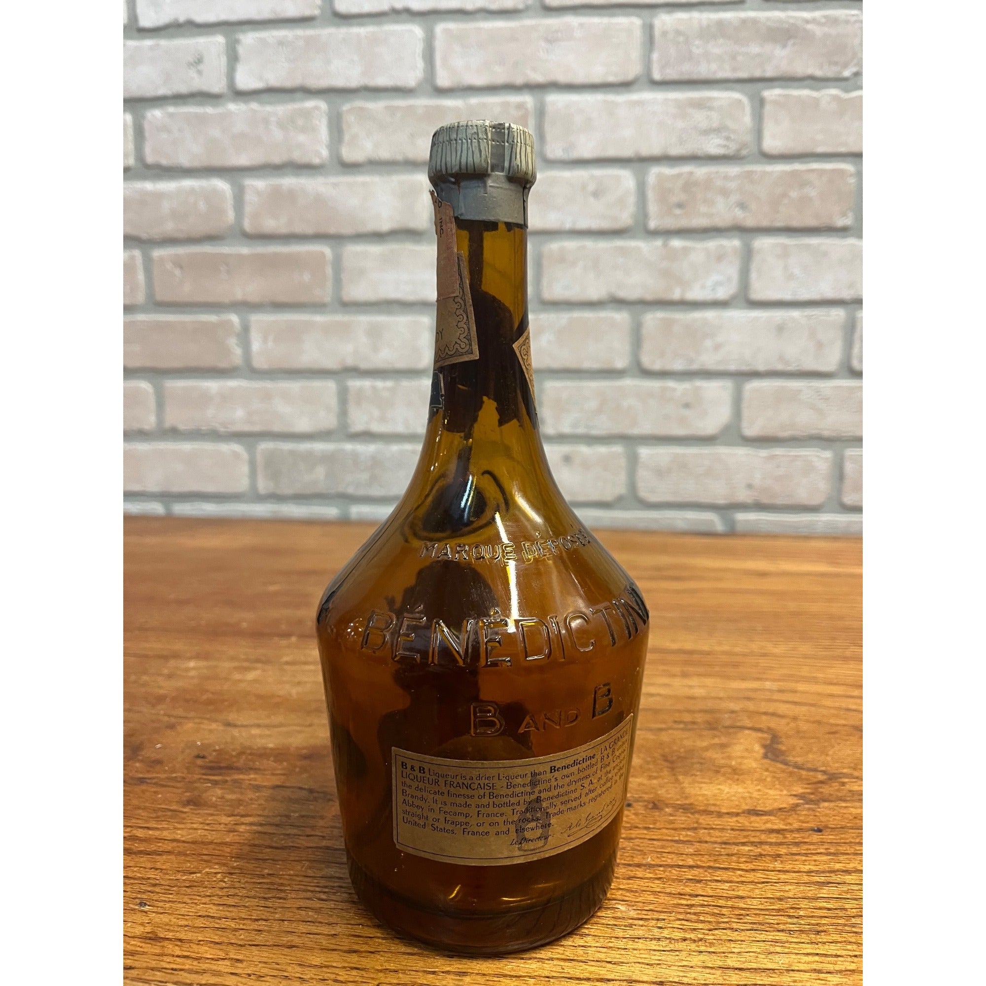 Vintage Benedictine B & B Amber Glass Liqueur Glass Bottle w/ Labels