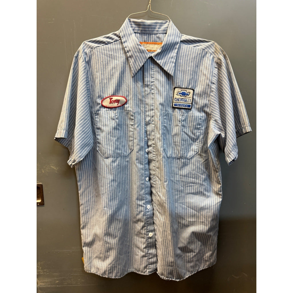 Vintage Chevrolet 1970s Workwear Service Dept Shirt Tony Blue Striped