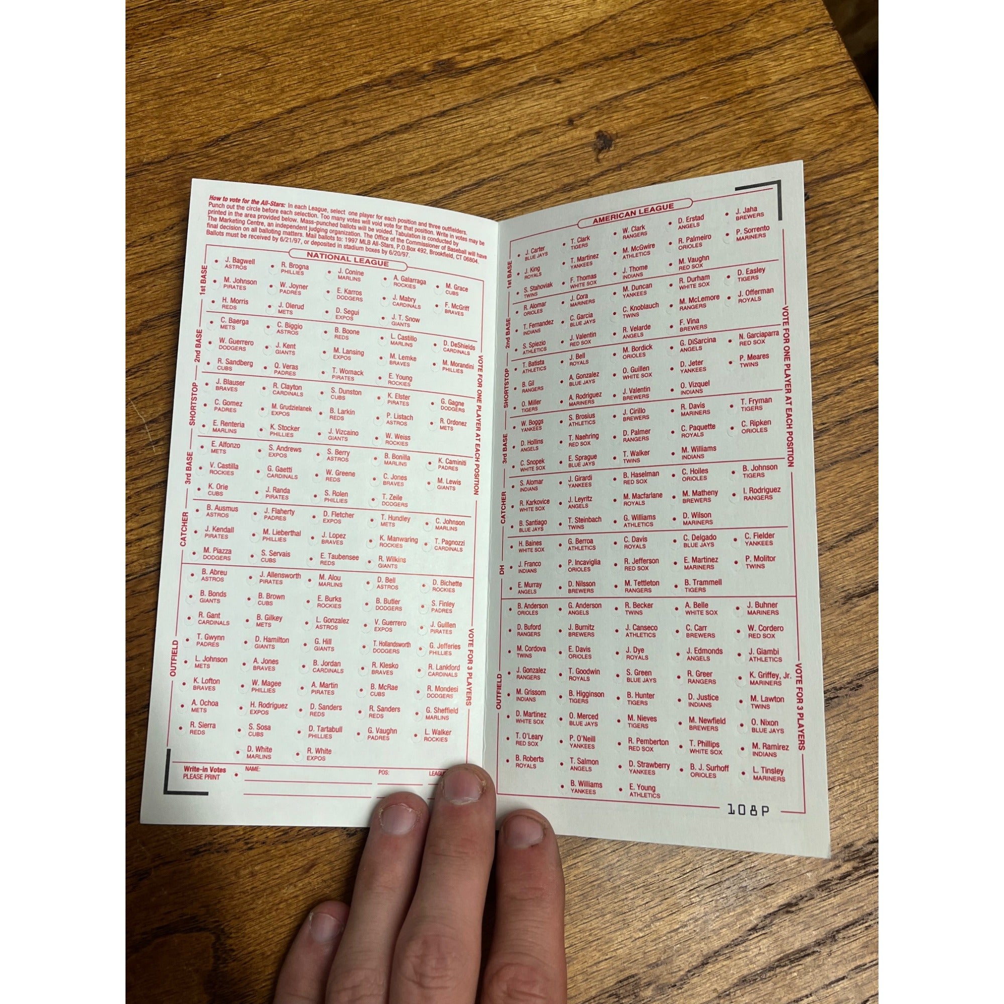 Vintage 1997 Official MLB All-Star Voting Ballot Unused - Indians