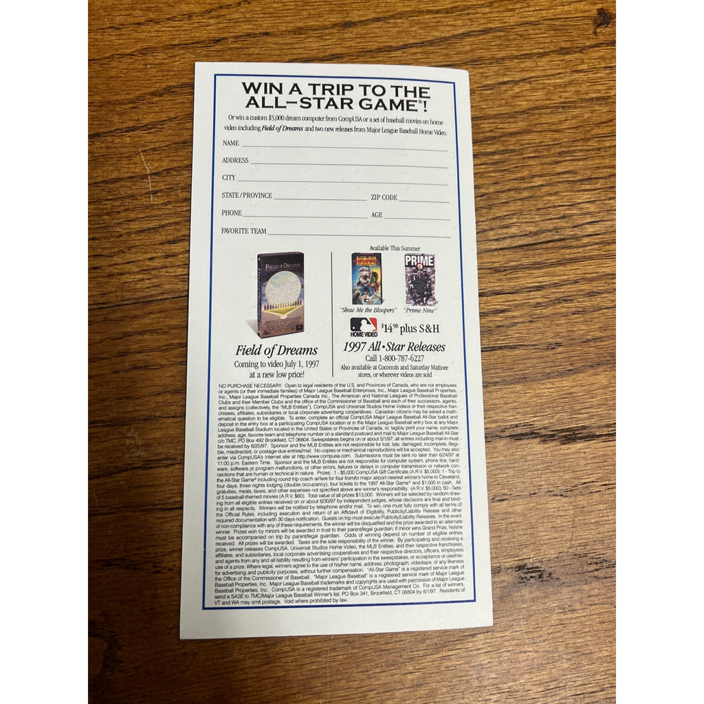 Vintage 1997 Official MLB All-Star Voting Ballot Unused - Indians