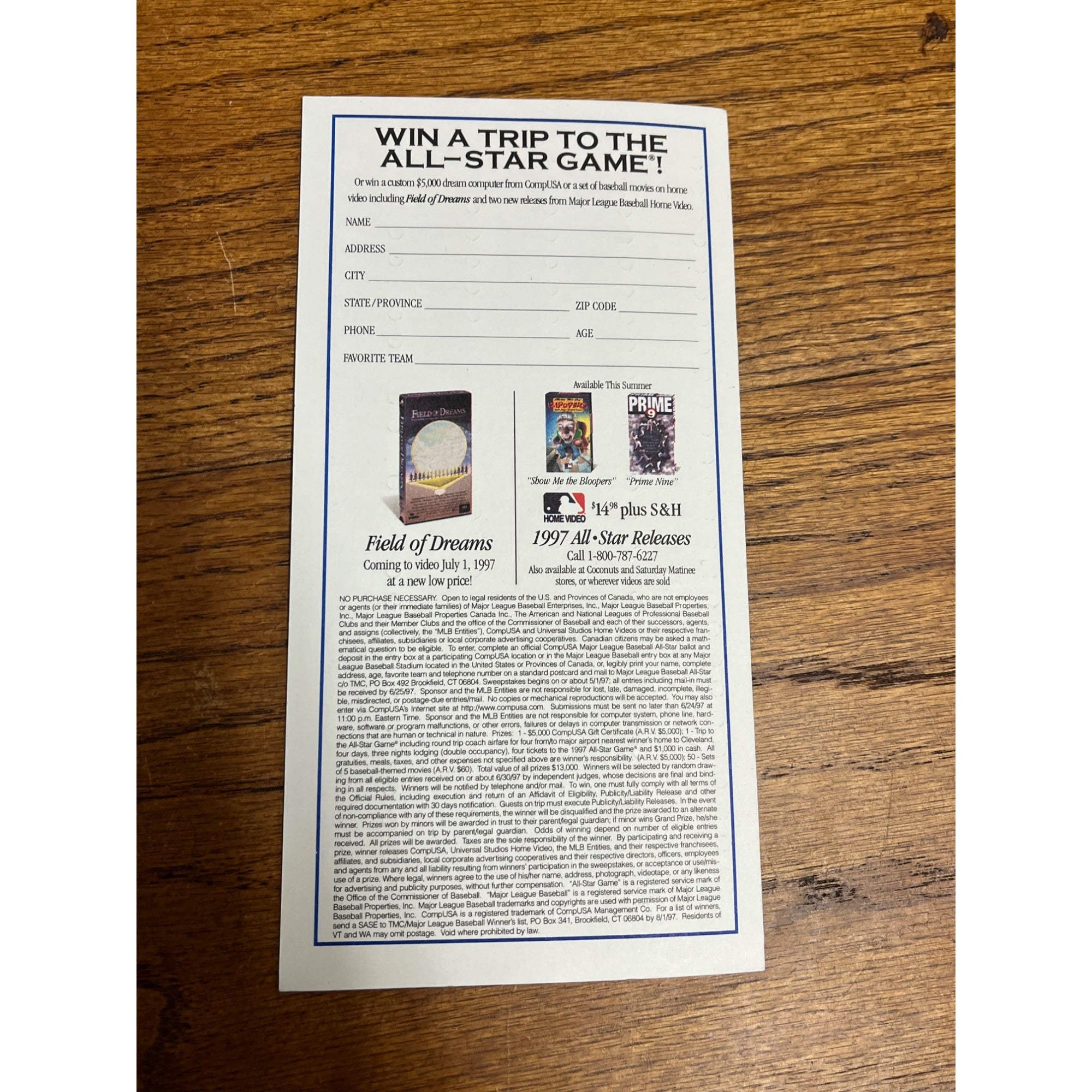 Vintage 1997 Official MLB All-Star Voting Ballot Unused - Indians