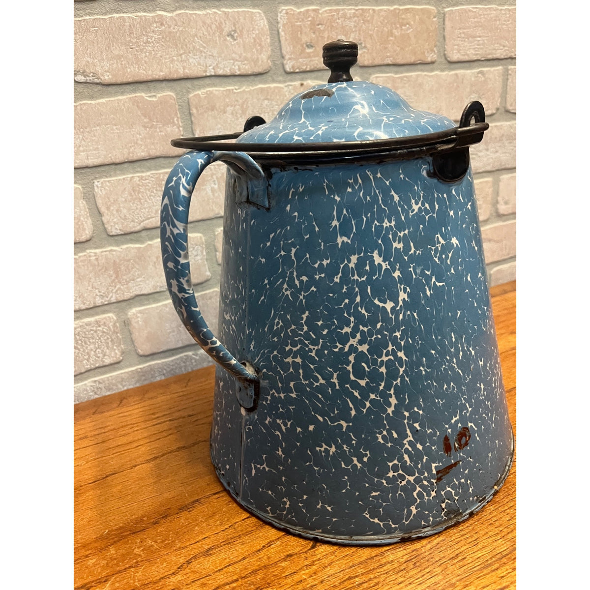 Antique Blue Swirl Enamelware Cowboy Pitcher Coffee Pot Primitive Kitchen