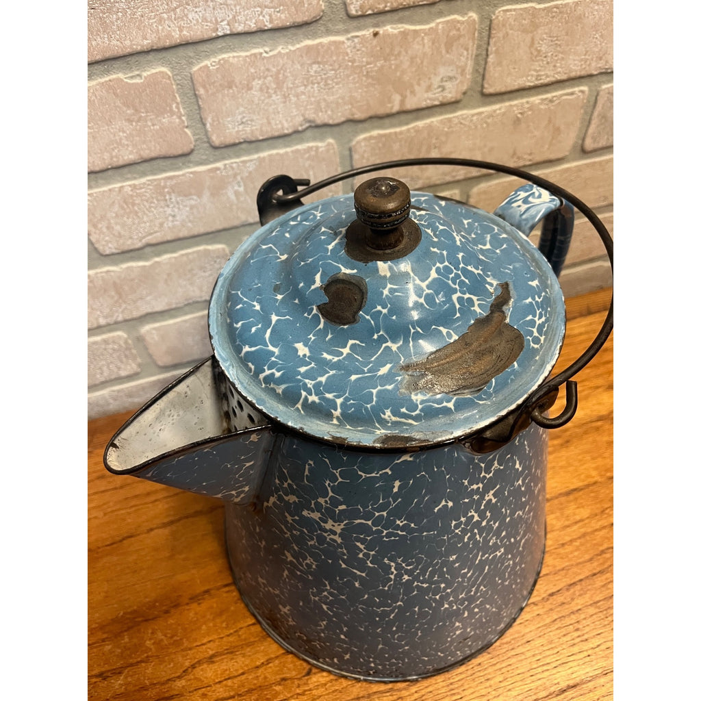 Antique Blue Swirl Enamelware Cowboy Pitcher Coffee Pot Primitive Kitchen