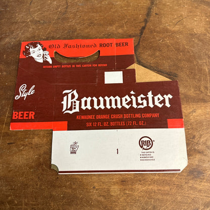 Vintage 1960s Root Beer Baumeister Soda Bottle Carton 6 Pack Carrier NOS