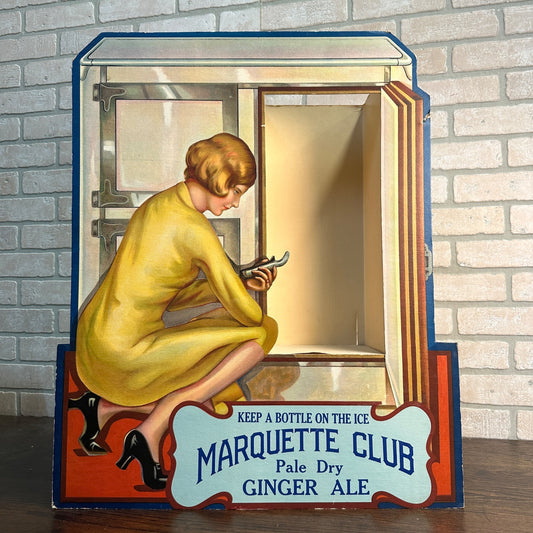 Vintage 1930s Marquette Club Ginger Ale Ice Box Advertising Store Display Sign