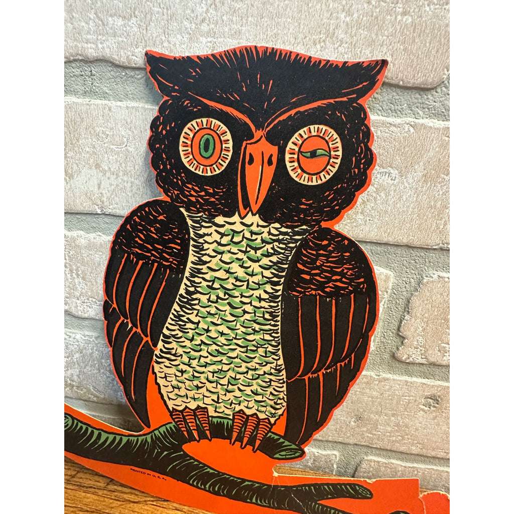 Vintage 1950s Beistle Halloween Diecut Standup - Owl on Branch