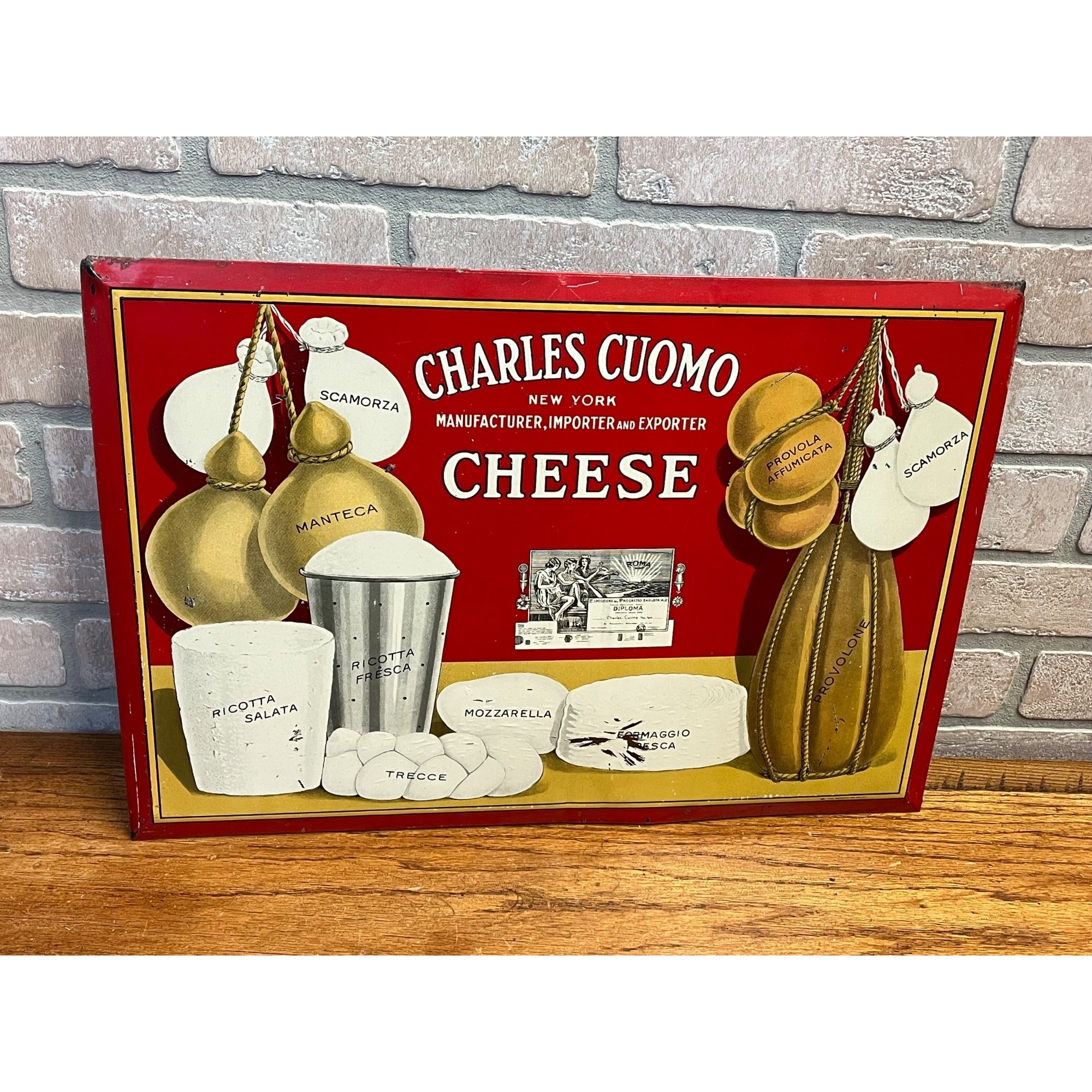 Vintage Charles Cuomo Cheese Tin Sign 19x13 Italian Deli Store Display NEW YORK