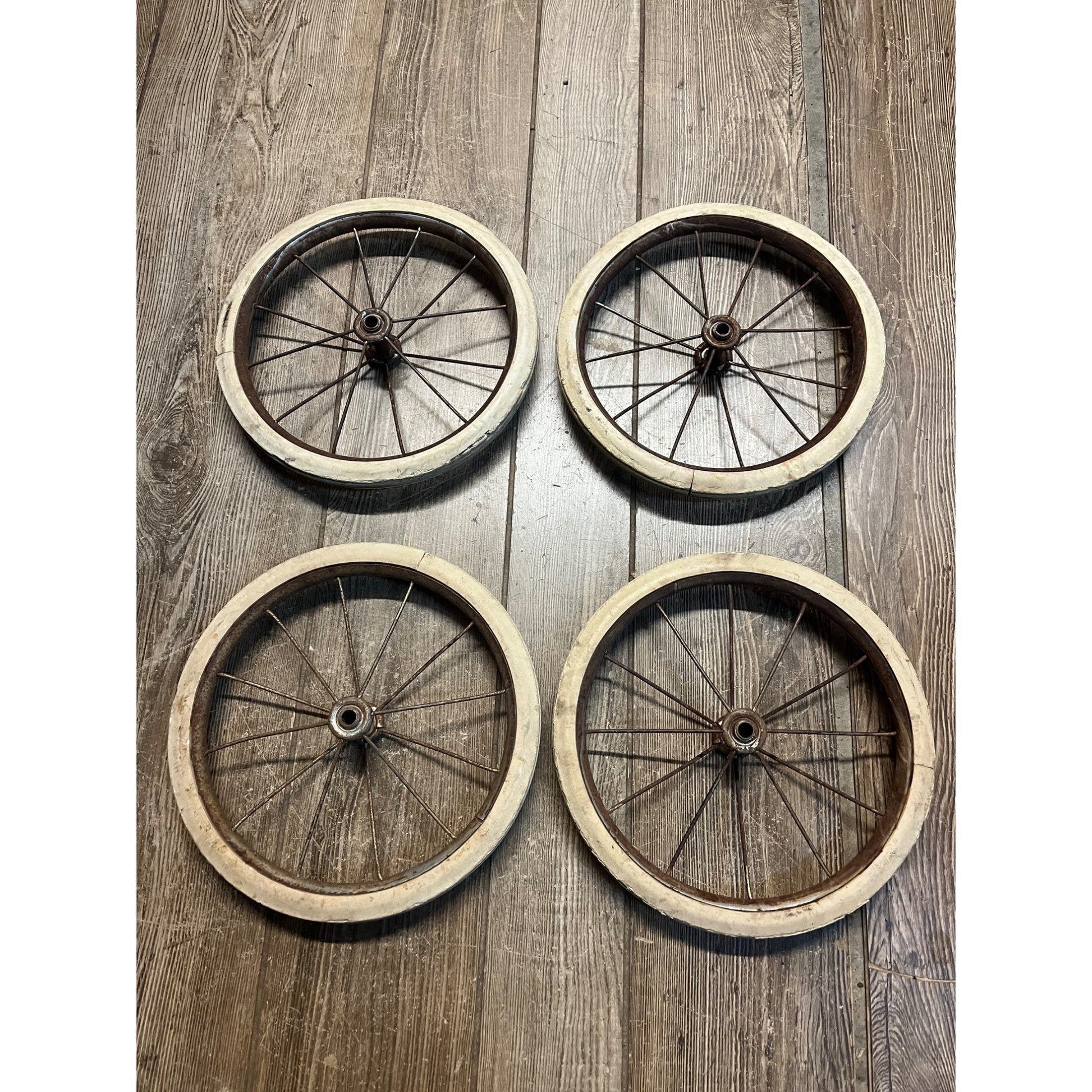 Antique Vintage Rubber & Metal Spoke Wagon Cart Pedal Car Buggy Wheels 10.5" Dia