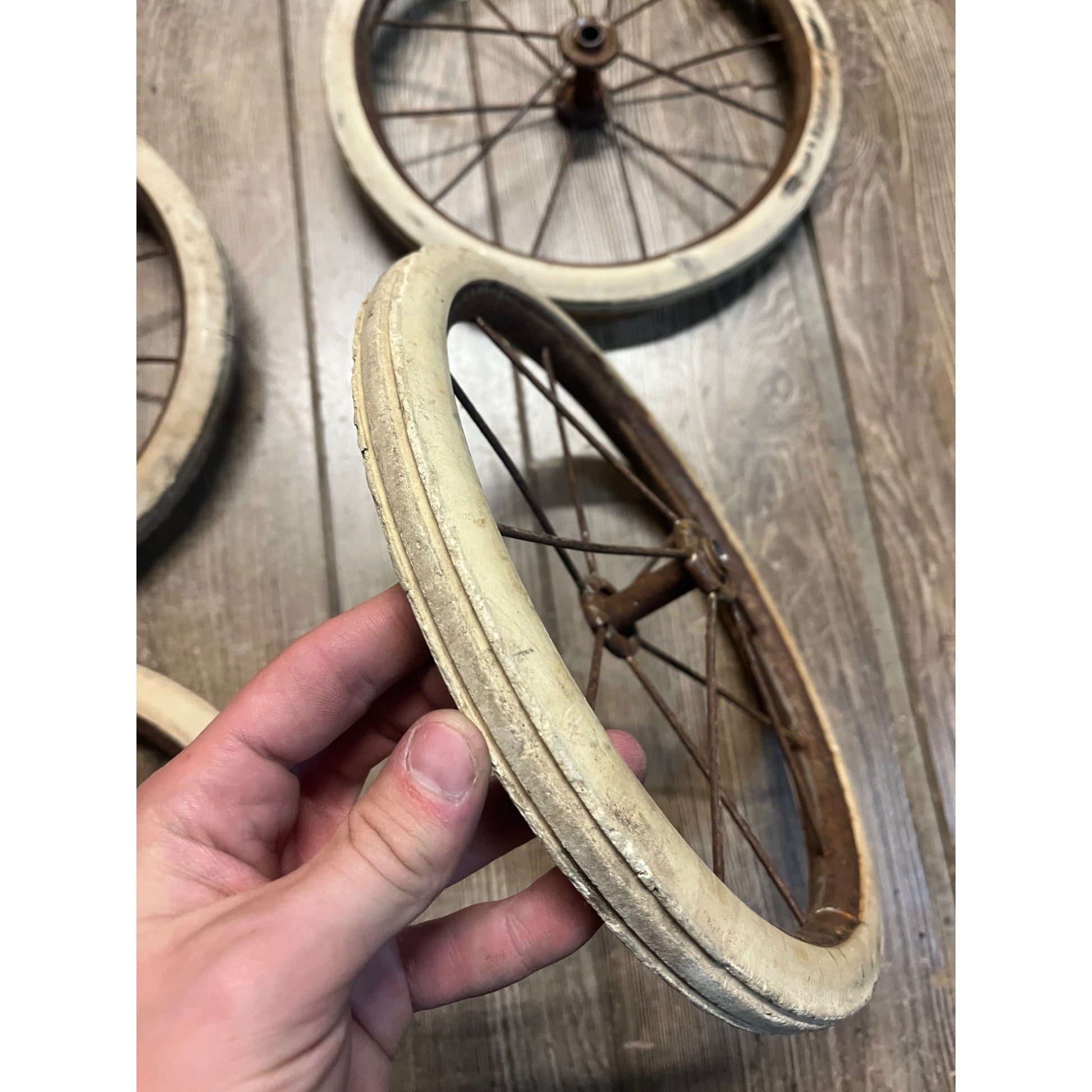 Antique Vintage Rubber & Metal Spoke Wagon Cart Pedal Car Buggy Wheels 10.5" Dia