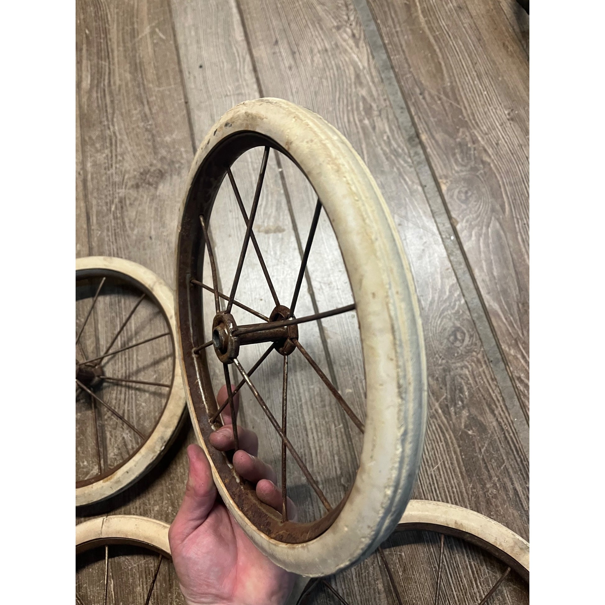 Antique Vintage Rubber & Metal Spoke Wagon Cart Pedal Car Buggy Wheels 10.5" Dia