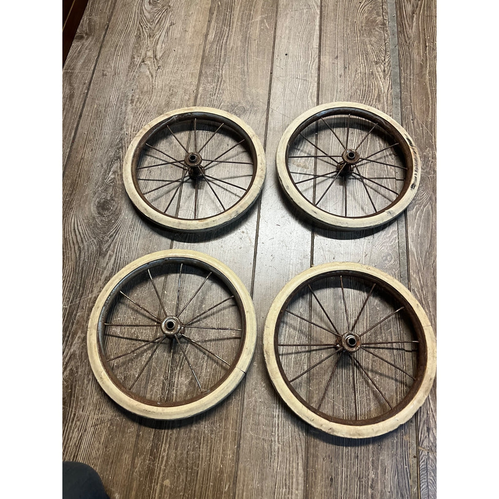 Antique Vintage Rubber & Metal Spoke Wagon Cart Pedal Car Buggy Wheels 10.5" Dia