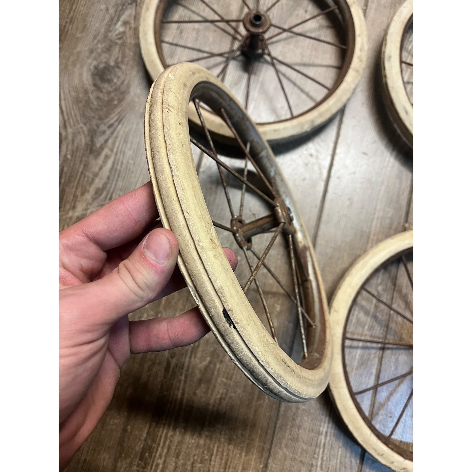 Antique Vintage Rubber & Metal Spoke Wagon Cart Pedal Car Buggy Wheels 10.5" Dia