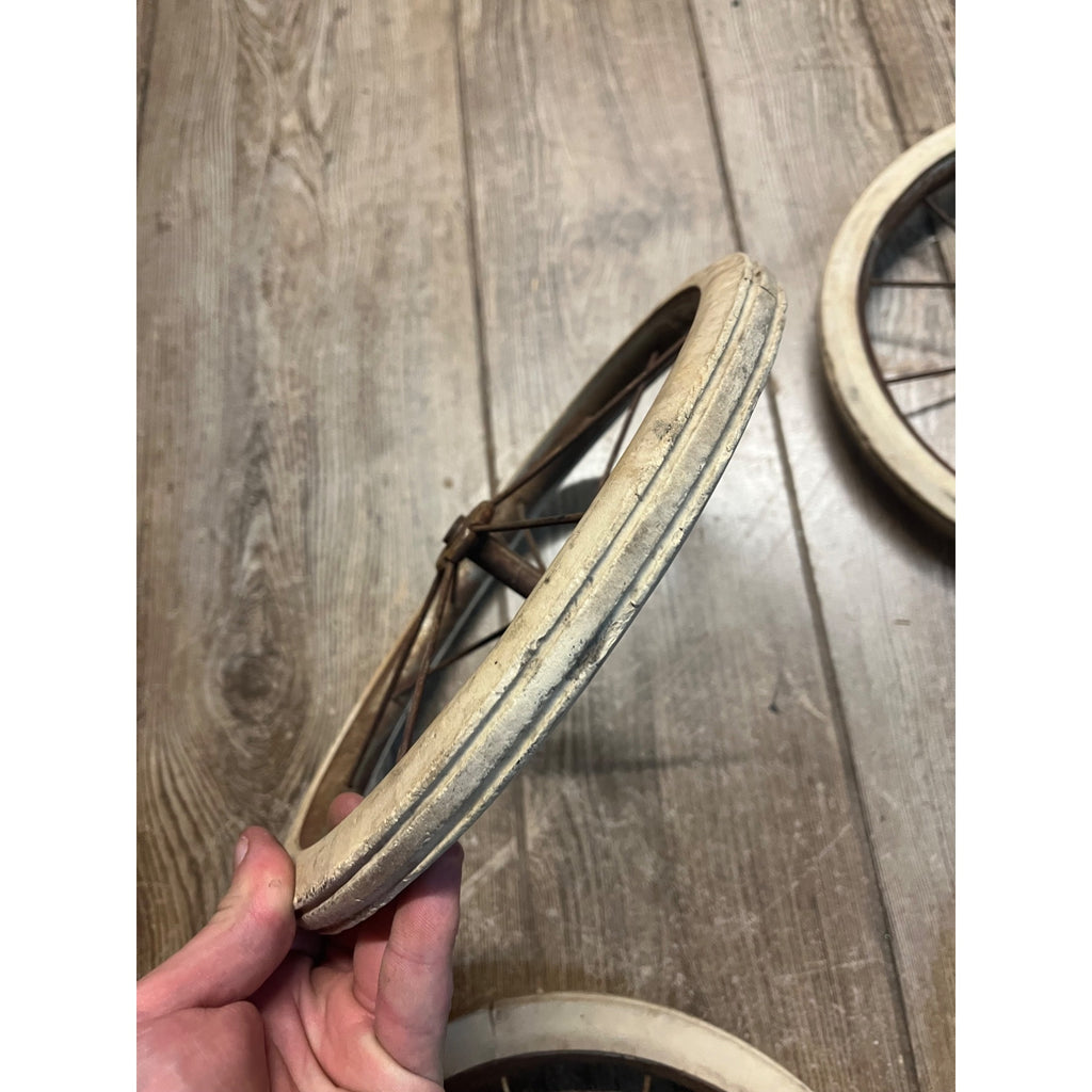 Antique Vintage Rubber & Metal Spoke Wagon Cart Pedal Car Buggy Wheels 10.5" Dia