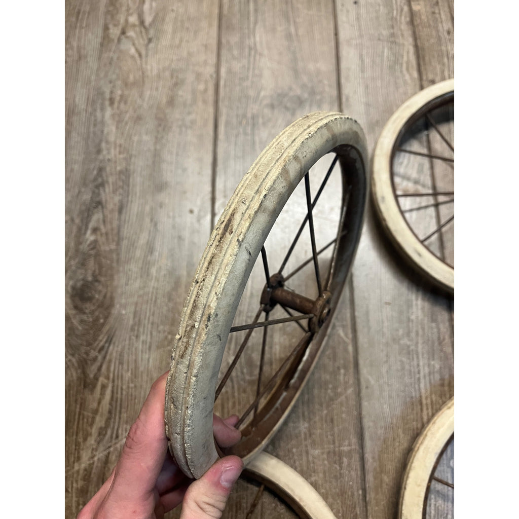 Antique Vintage Rubber & Metal Spoke Wagon Cart Pedal Car Buggy Wheels 10.5" Dia