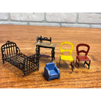 Vintage 1900s Cast Metal Miniature Dollhouse Furniture Bed, Sewing Machine & Chairs