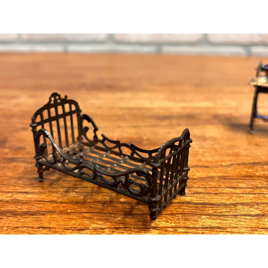 Vintage 1900s Cast Metal Miniature Dollhouse Furniture Bed, Sewing Machine & Chairs