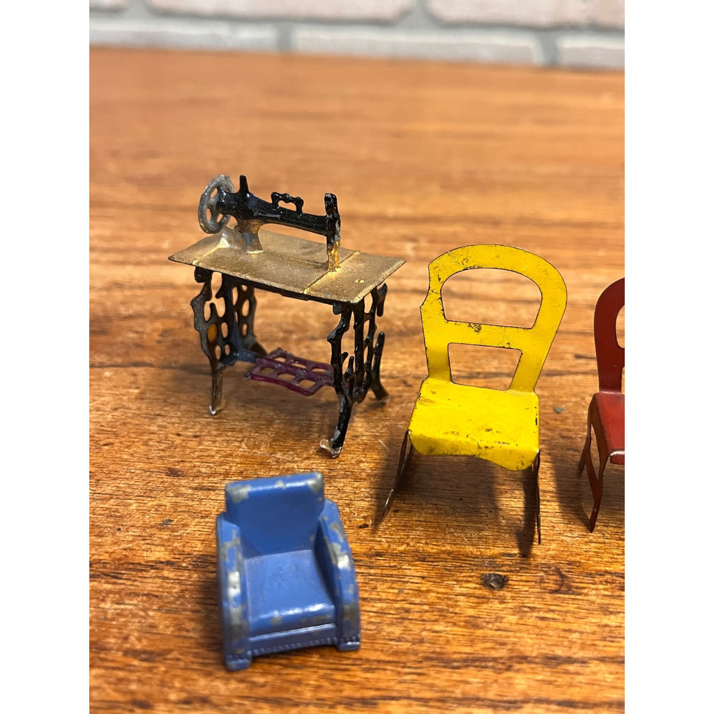 Vintage 1900s Cast Metal Miniature Dollhouse Furniture Bed, Sewing Machine & Chairs