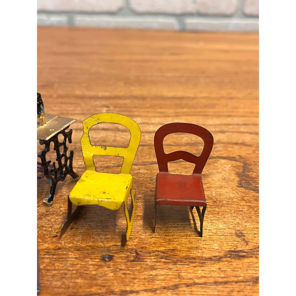 Vintage 1900s Cast Metal Miniature Dollhouse Furniture Bed, Sewing Machine & Chairs