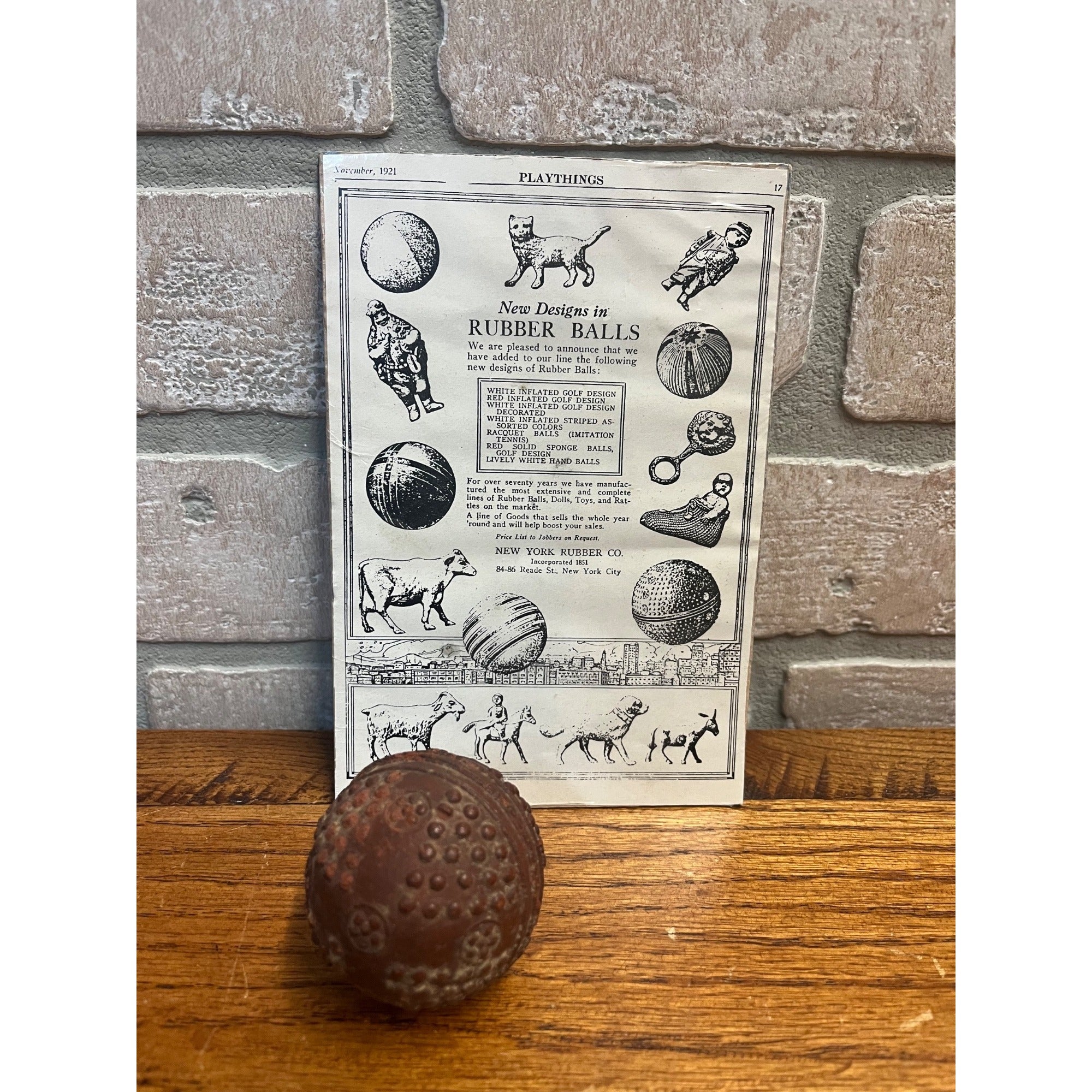 Vintage 1920s New York Rubber Co. Hard Rubber Cat Toy Ball w/ Advertisement