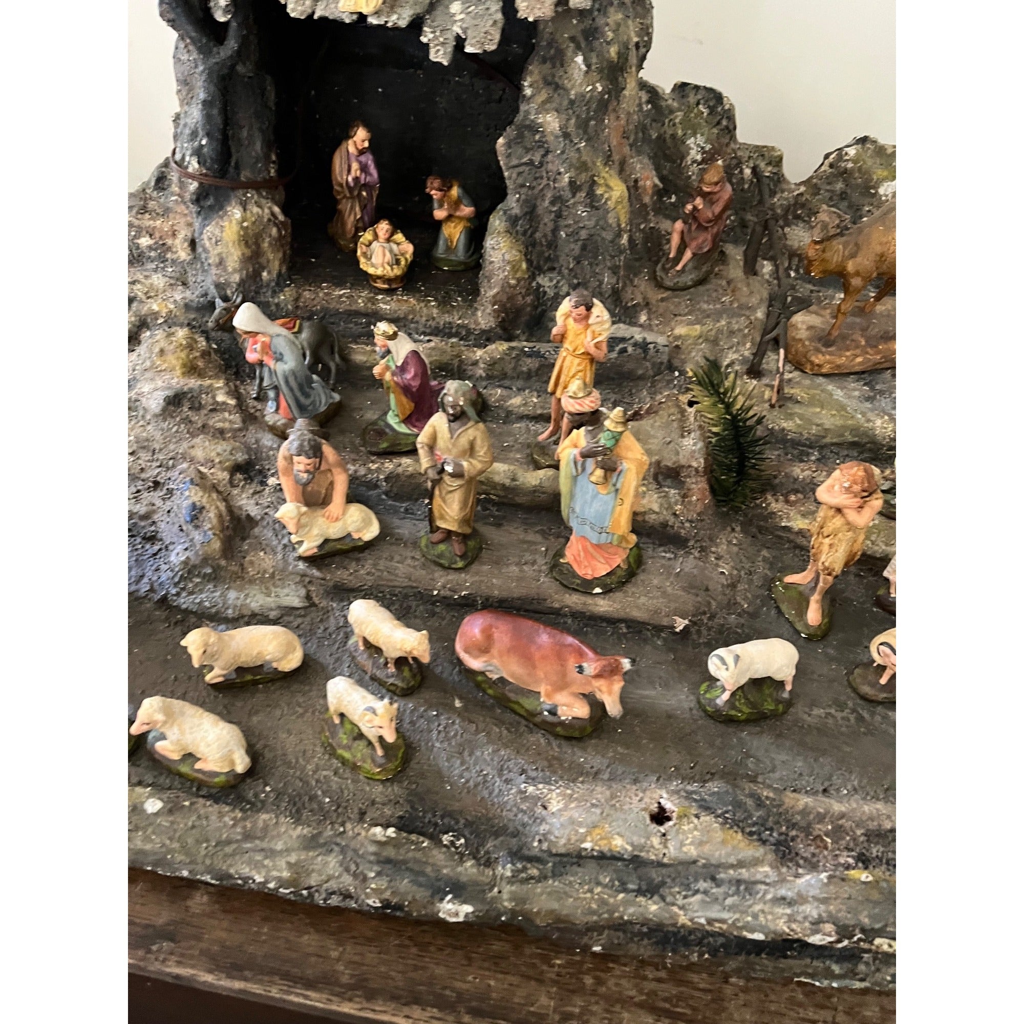 Vintage LARGE Christmas Nativity Scene Paper Mache Composition w/ Plaster Figures