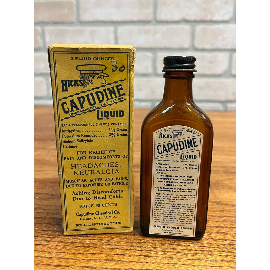 Vintage 1940s Hick's Capudine Liquid Medicine Bottle & Box Empty Raleigh NC