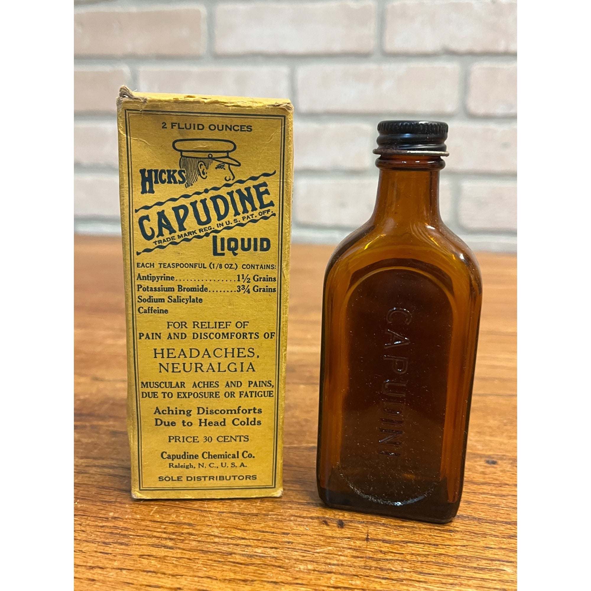 Vintage 1940s Hick's Capudine Liquid Medicine Bottle & Box Empty Raleigh NC