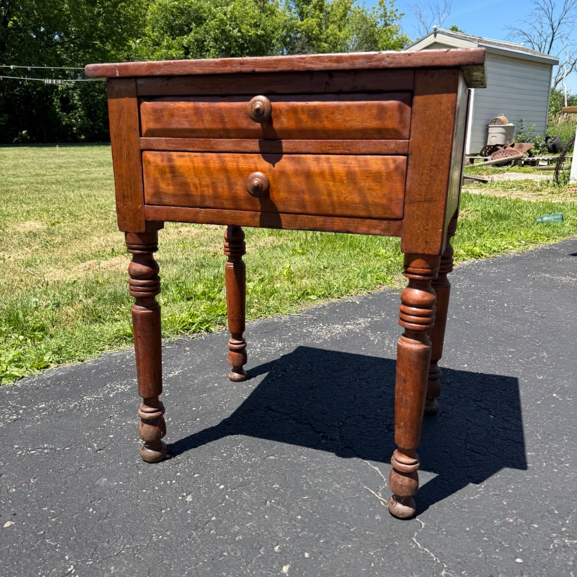 Antique Primitive Cherry & Tiger Maple Two Drawer Wash Stand Side Table c1850