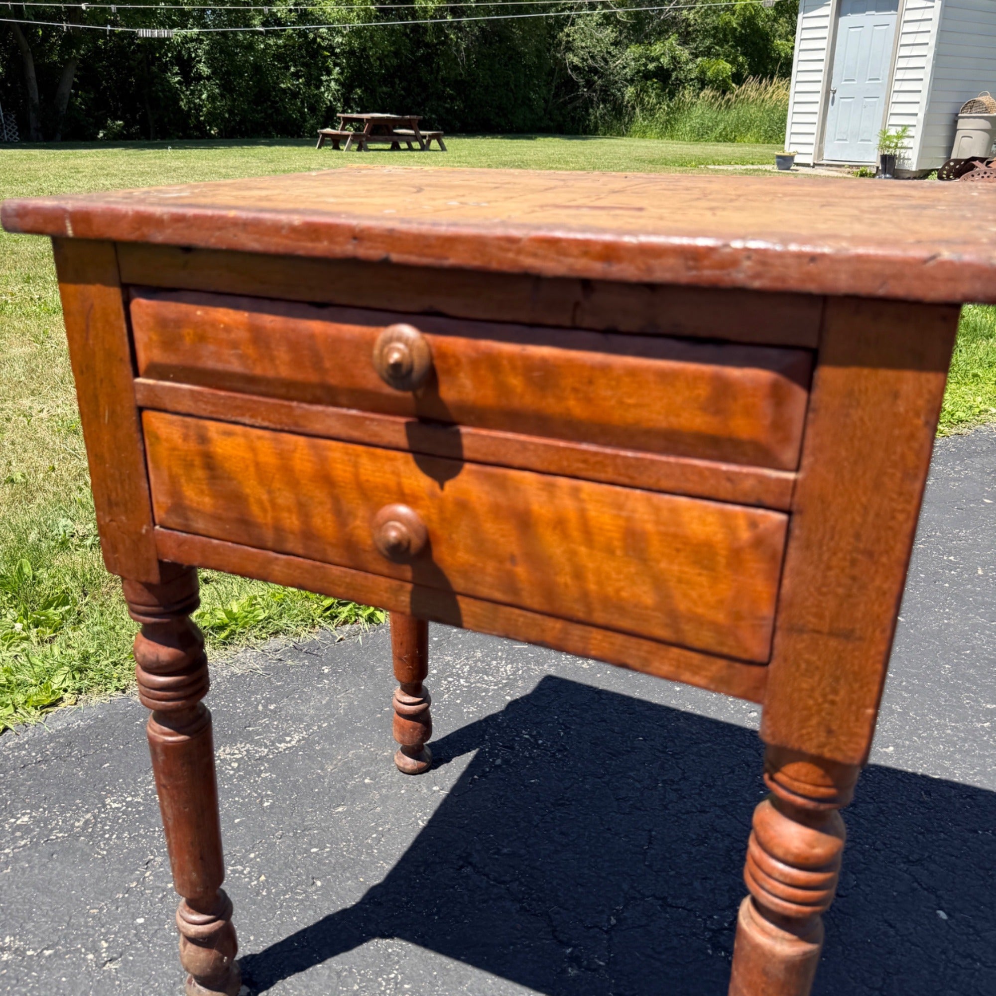 Antique Primitive Cherry & Tiger Maple Two Drawer Wash Stand Side Table c1850