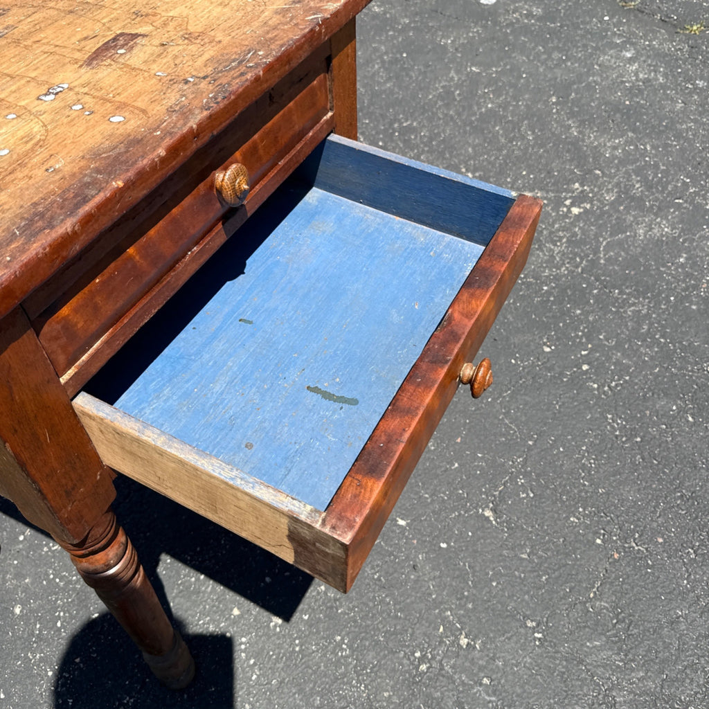Antique Primitive Cherry & Tiger Maple Two Drawer Wash Stand Side Table c1850