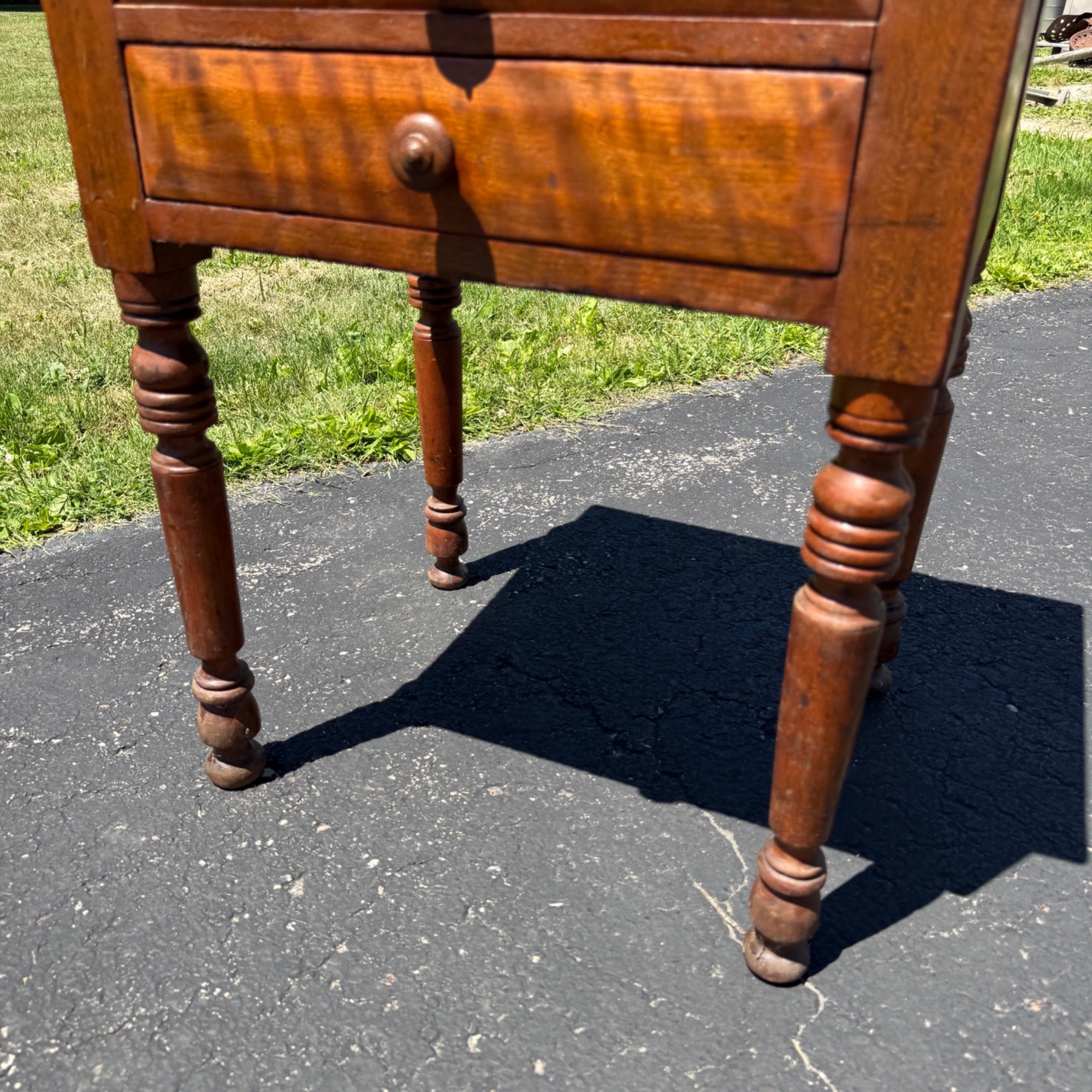 Antique Primitive Cherry & Tiger Maple Two Drawer Wash Stand Side Table c1850