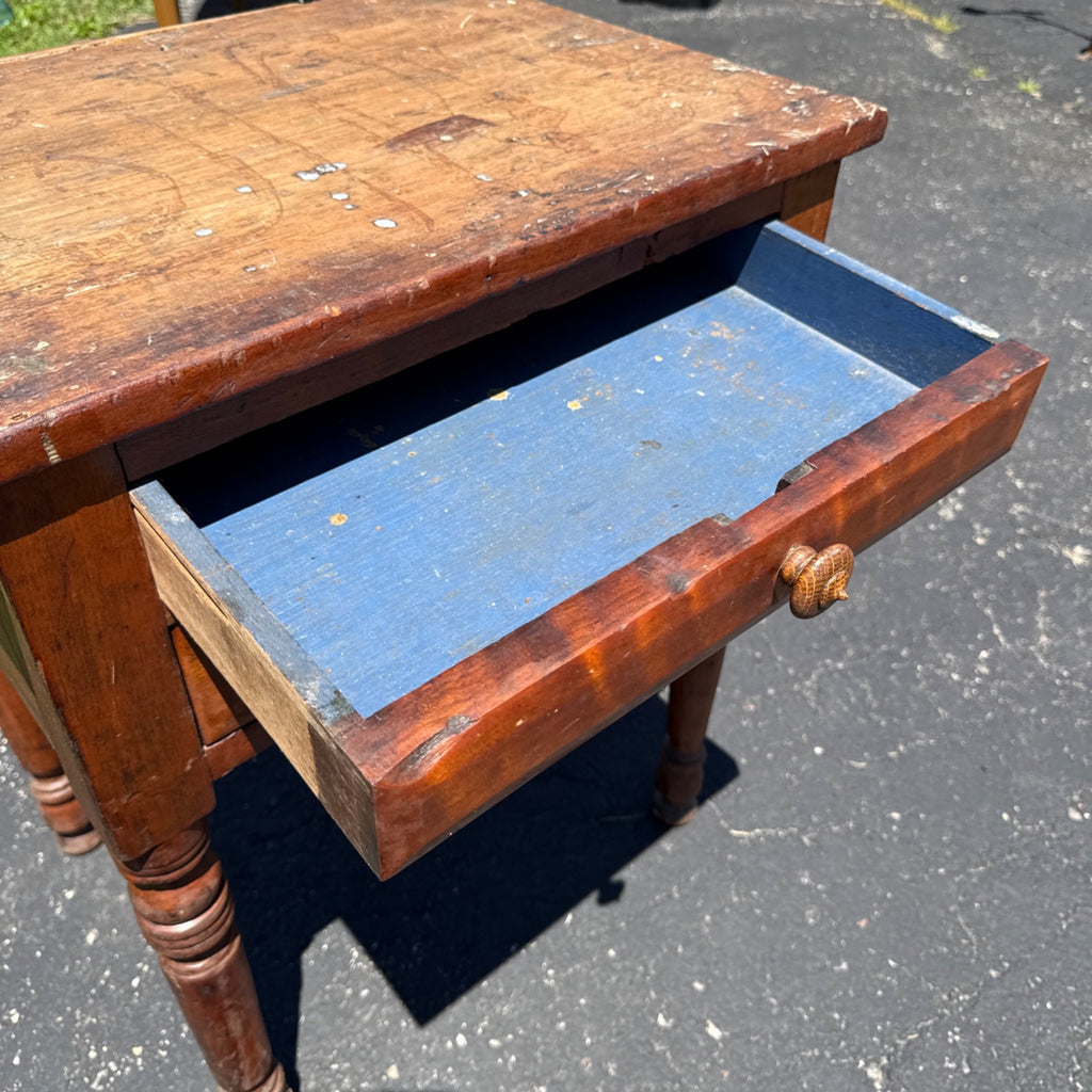 Antique Primitive Cherry & Tiger Maple Two Drawer Wash Stand Side Table c1850