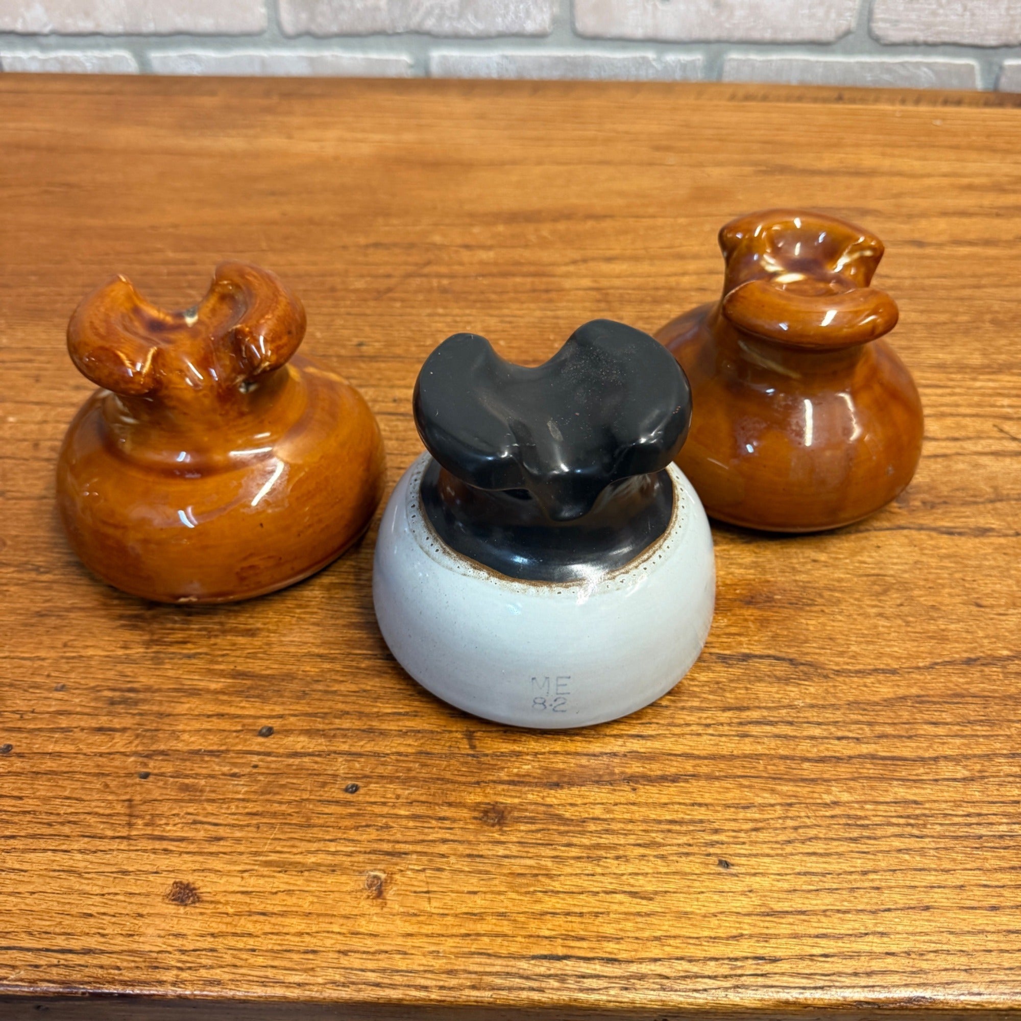 (3) Vintage Brown Glazed Stoneware Ceramic Insulator Telephone Pole Railroad Decor