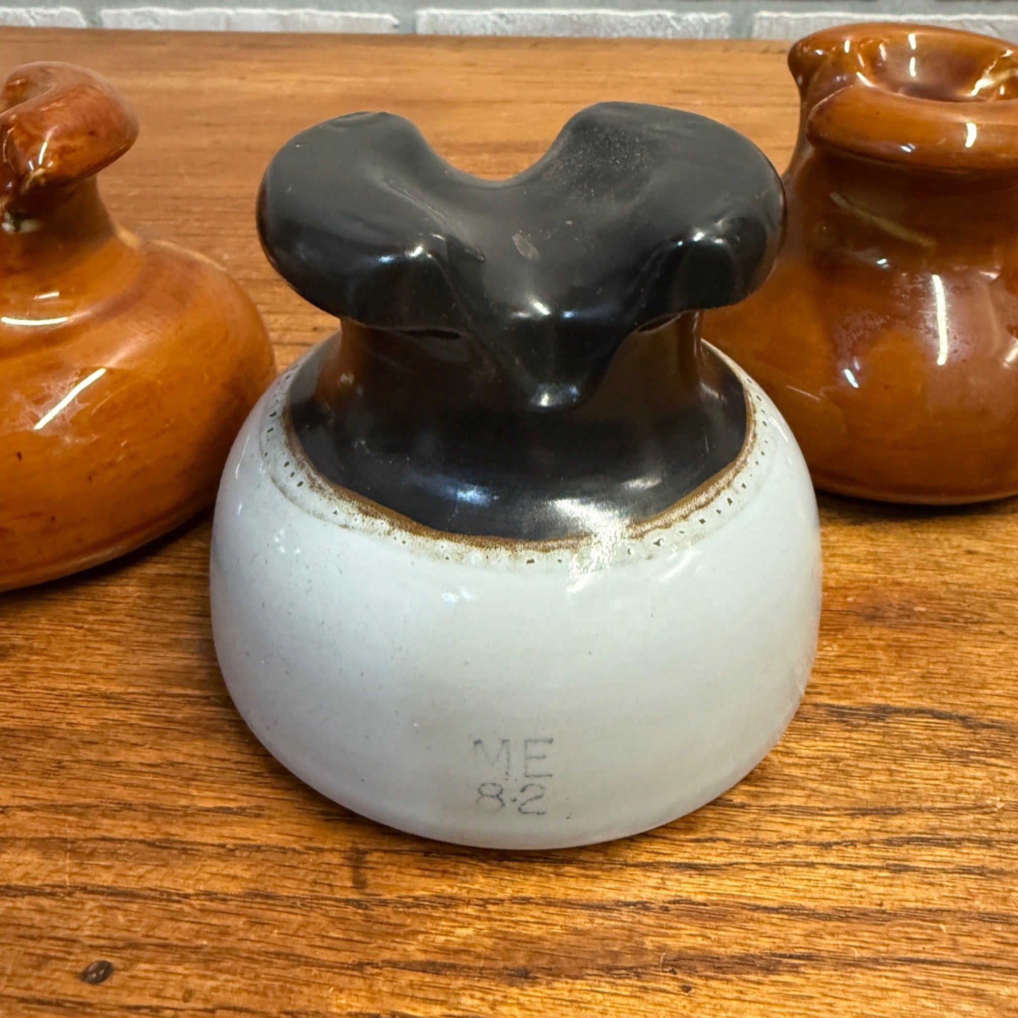 (3) Vintage Brown Glazed Stoneware Ceramic Insulator Telephone Pole Railroad Decor