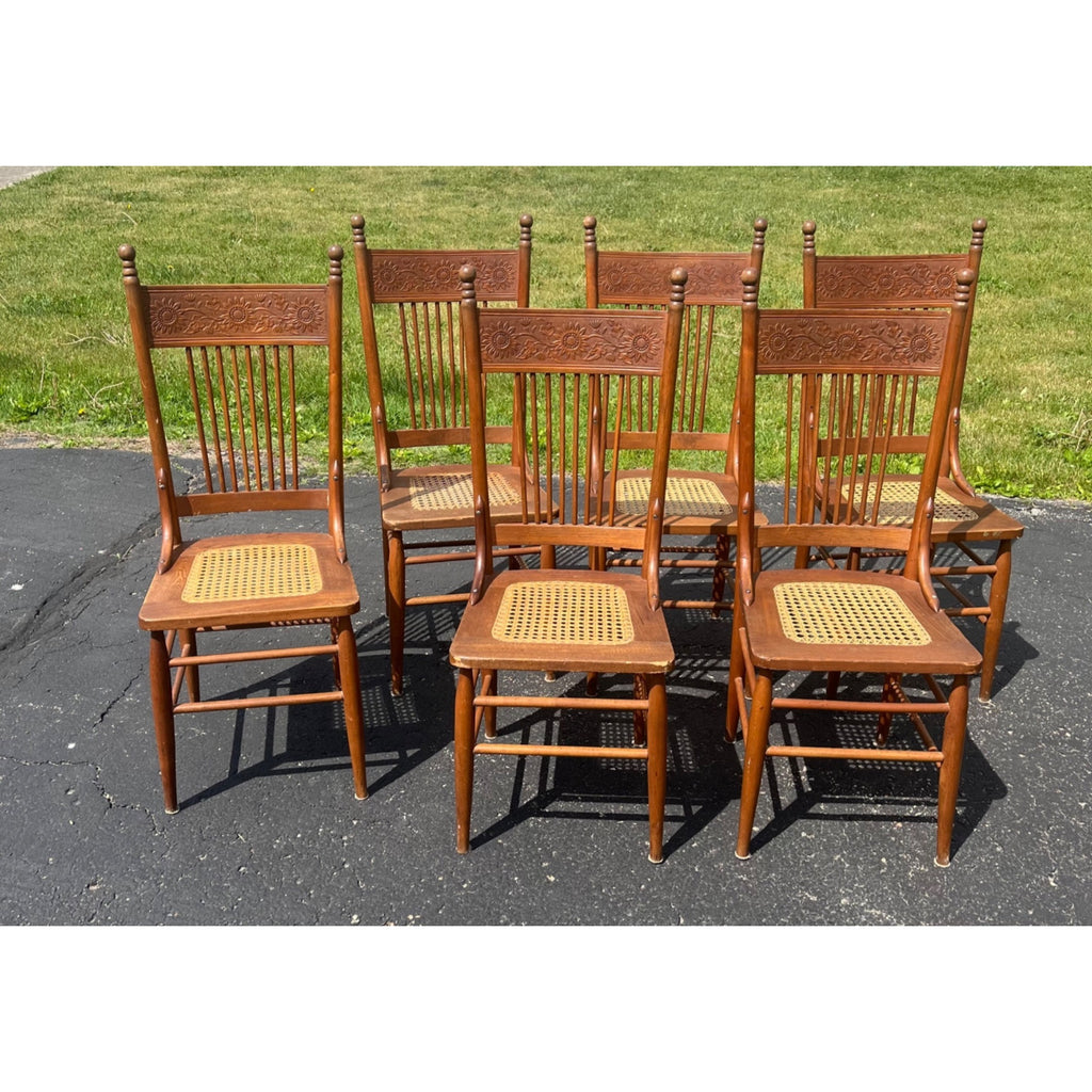 Vintage Antique Flower Carved Oak Cane Woven Chairs Farmhouse Kitchen Colonial