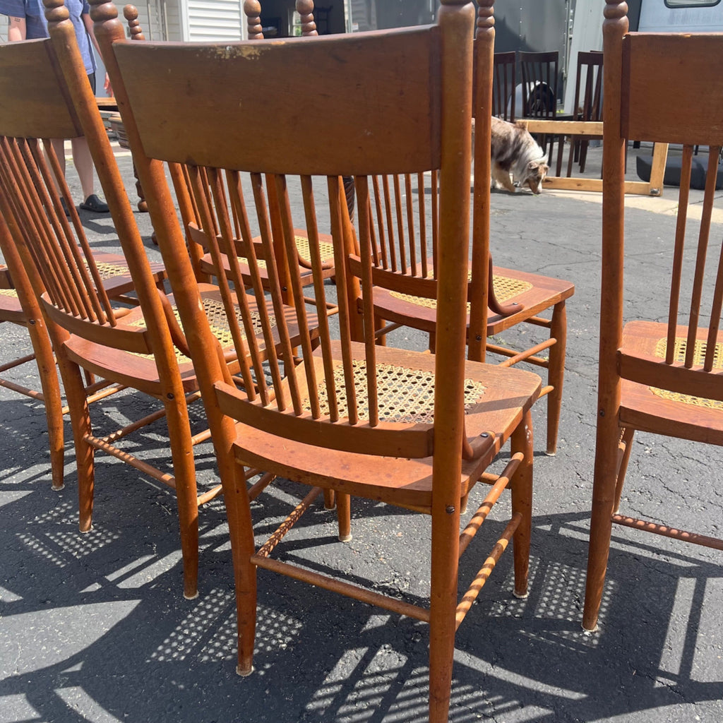 Vintage Antique Flower Carved Oak Cane Woven Chairs Farmhouse Kitchen Colonial