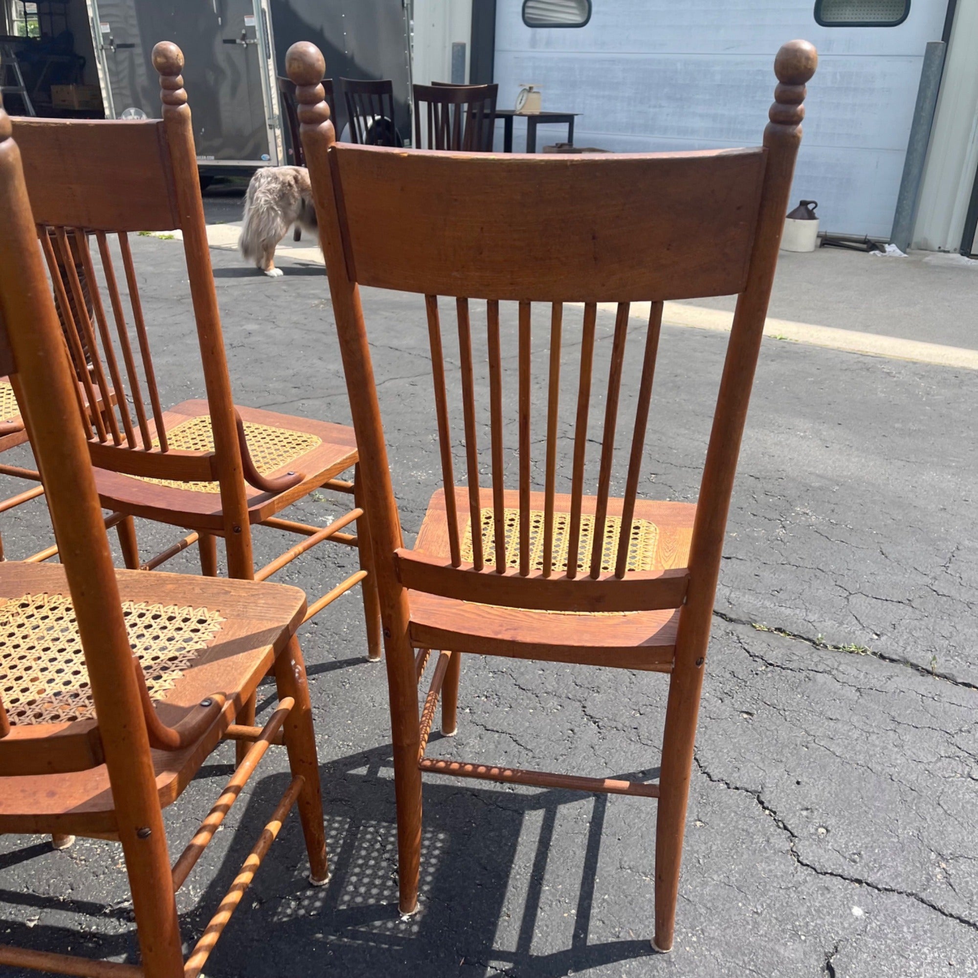 Vintage Antique Flower Carved Oak Cane Woven Chairs Farmhouse Kitchen Colonial