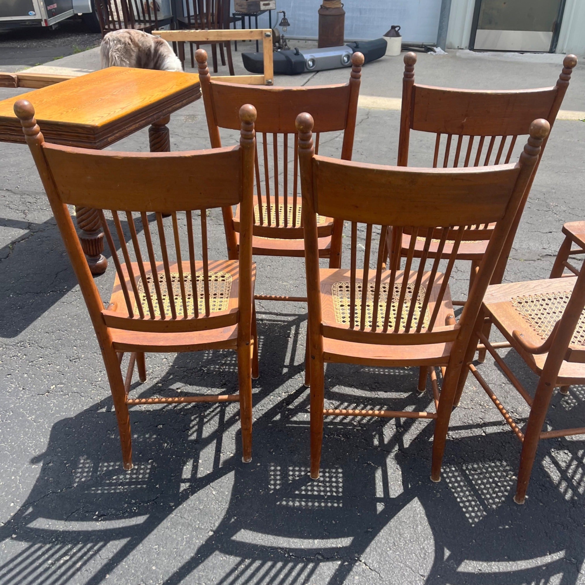 Vintage Antique Flower Carved Oak Cane Woven Chairs Farmhouse Kitchen Colonial