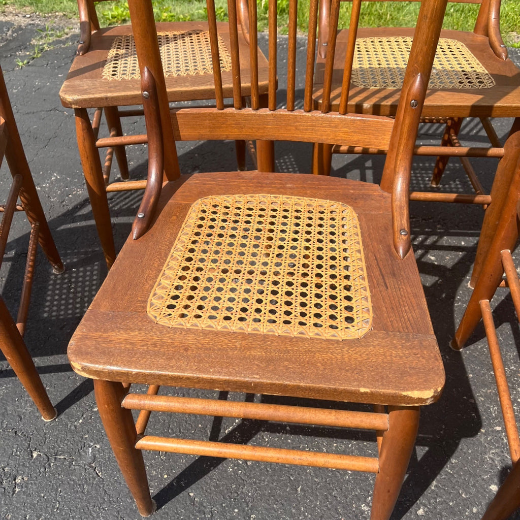 Vintage Antique Flower Carved Oak Cane Woven Chairs Farmhouse Kitchen Colonial