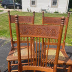 Vintage Antique Flower Carved Oak Cane Woven Chairs Farmhouse Kitchen Colonial