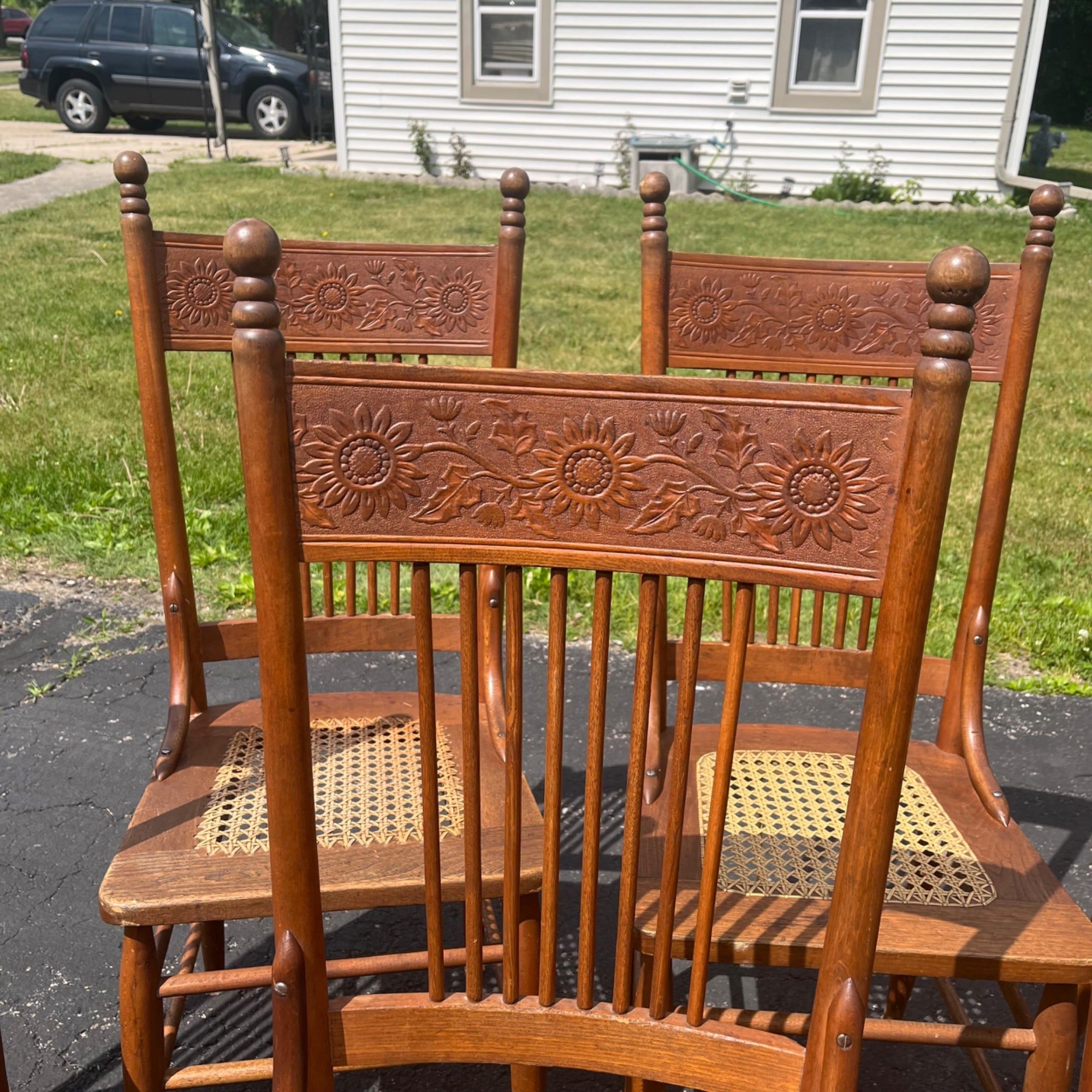 Vintage Antique Flower Carved Oak Cane Woven Chairs Farmhouse Kitchen Colonial