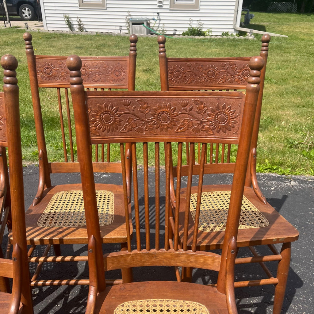 Vintage Antique Flower Carved Oak Cane Woven Chairs Farmhouse Kitchen Colonial