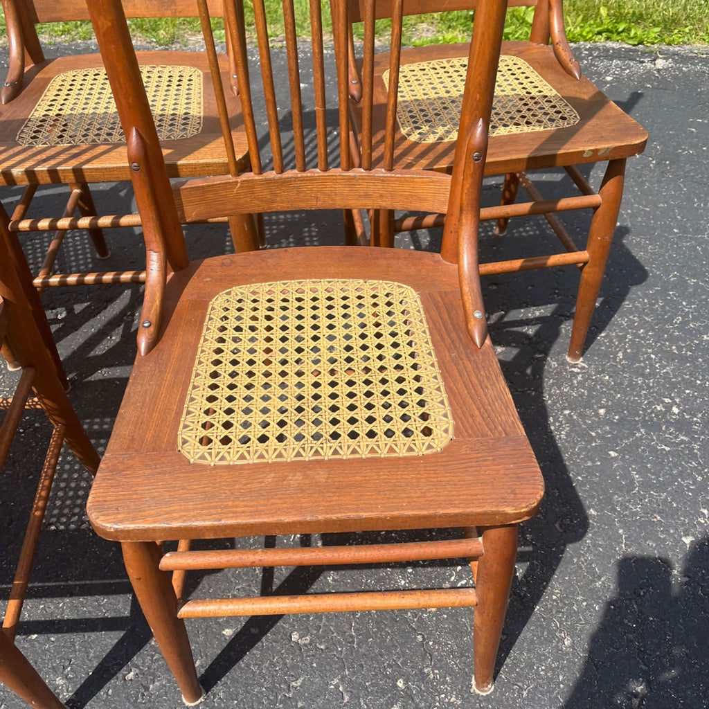 Vintage Antique Flower Carved Oak Cane Woven Chairs Farmhouse Kitchen Colonial