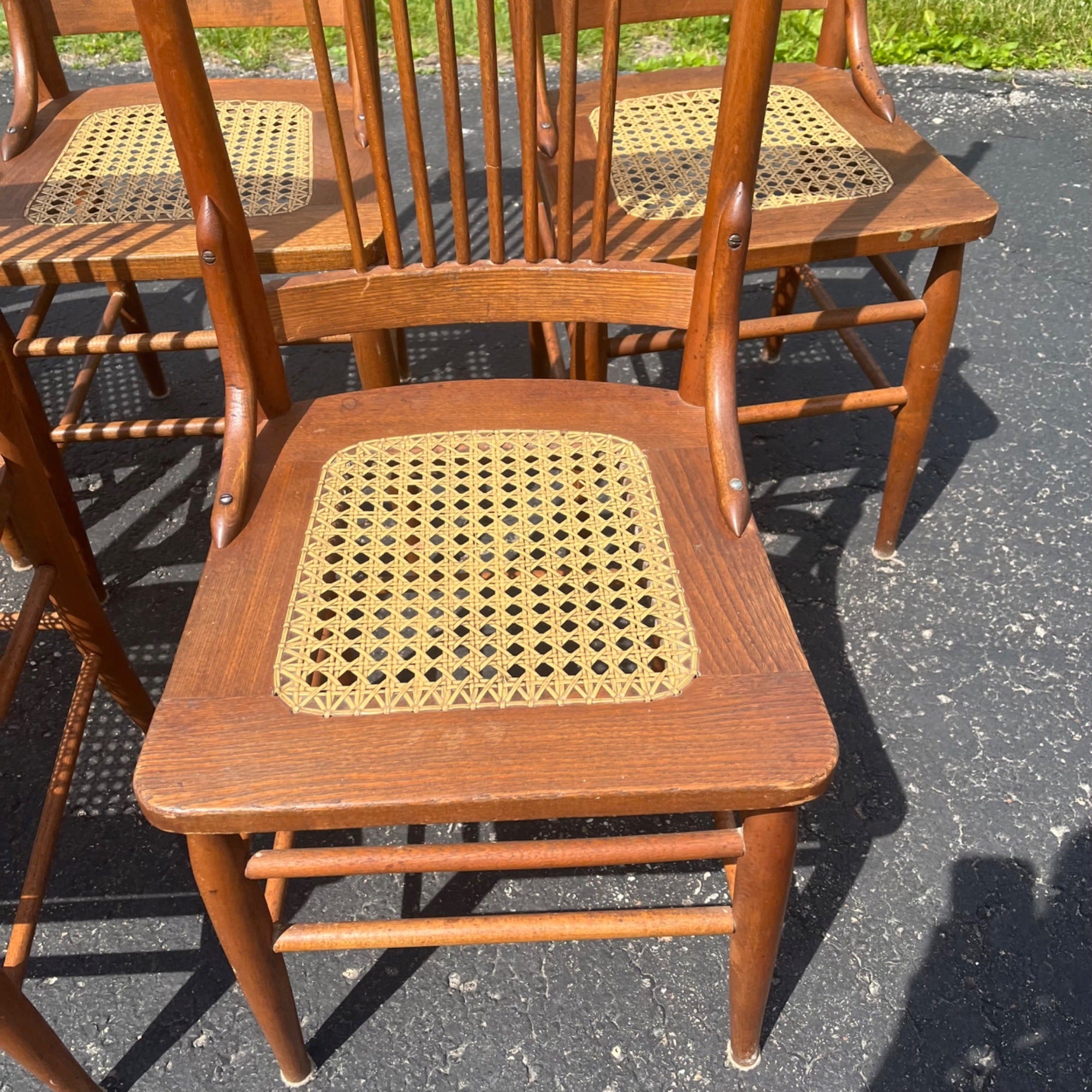 Vintage Antique Flower Carved Oak Cane Woven Chairs Farmhouse Kitchen Colonial