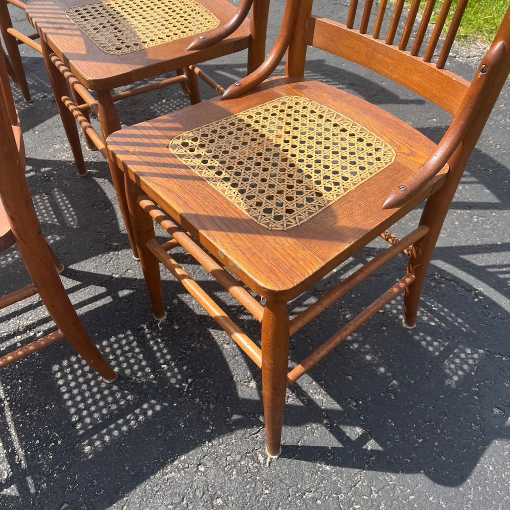 Vintage Antique Flower Carved Oak Cane Woven Chairs Farmhouse Kitchen Colonial