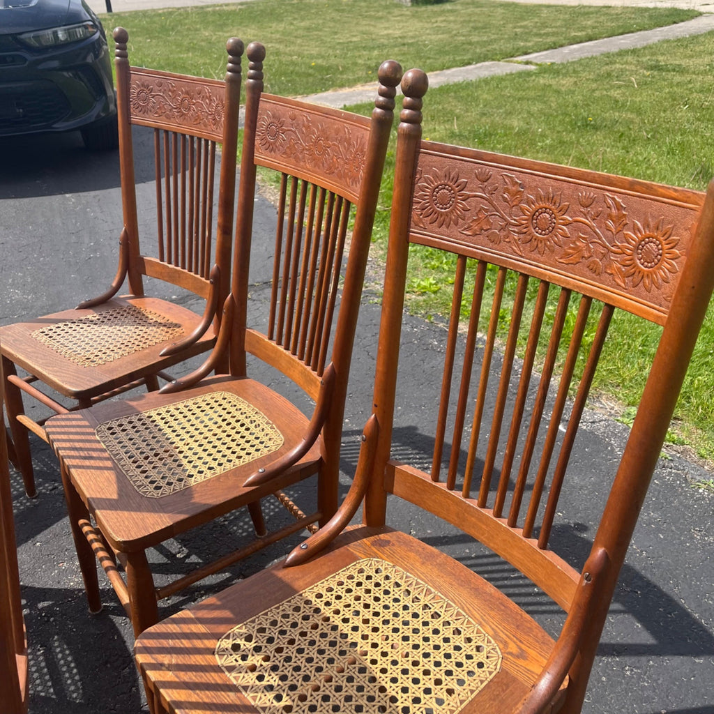 Vintage Antique Flower Carved Oak Cane Woven Chairs Farmhouse Kitchen Colonial