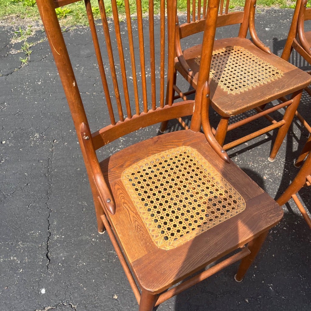 Vintage Antique Flower Carved Oak Cane Woven Chairs Farmhouse Kitchen Colonial